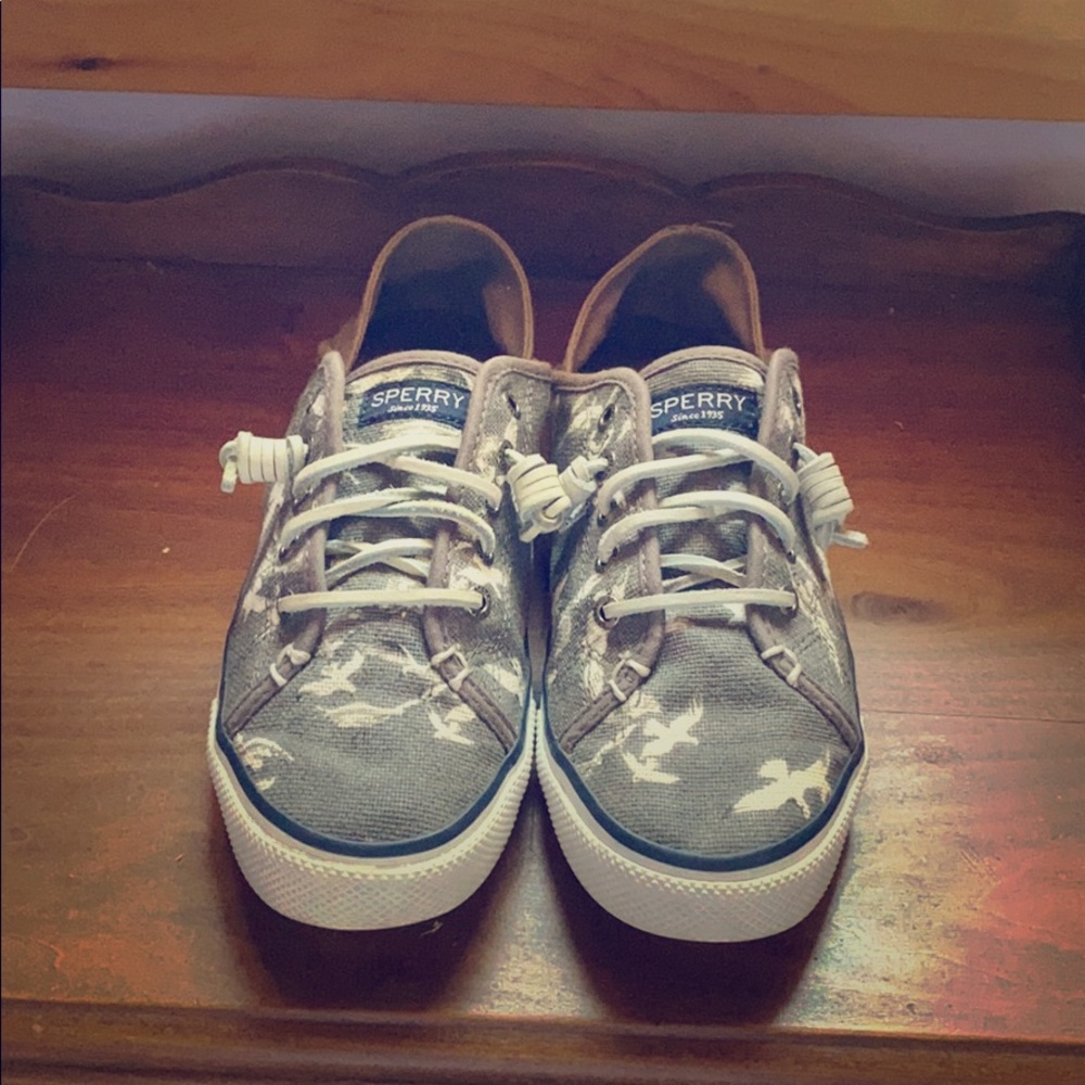 Grey and white slip on sperry’s